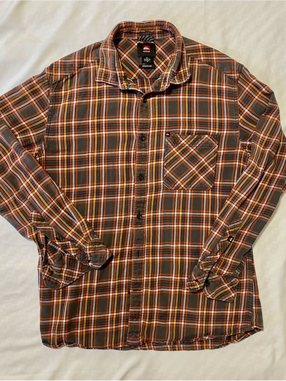 Quiksilver Men's Brown, Orange & White Plaid Button-Down Shirt